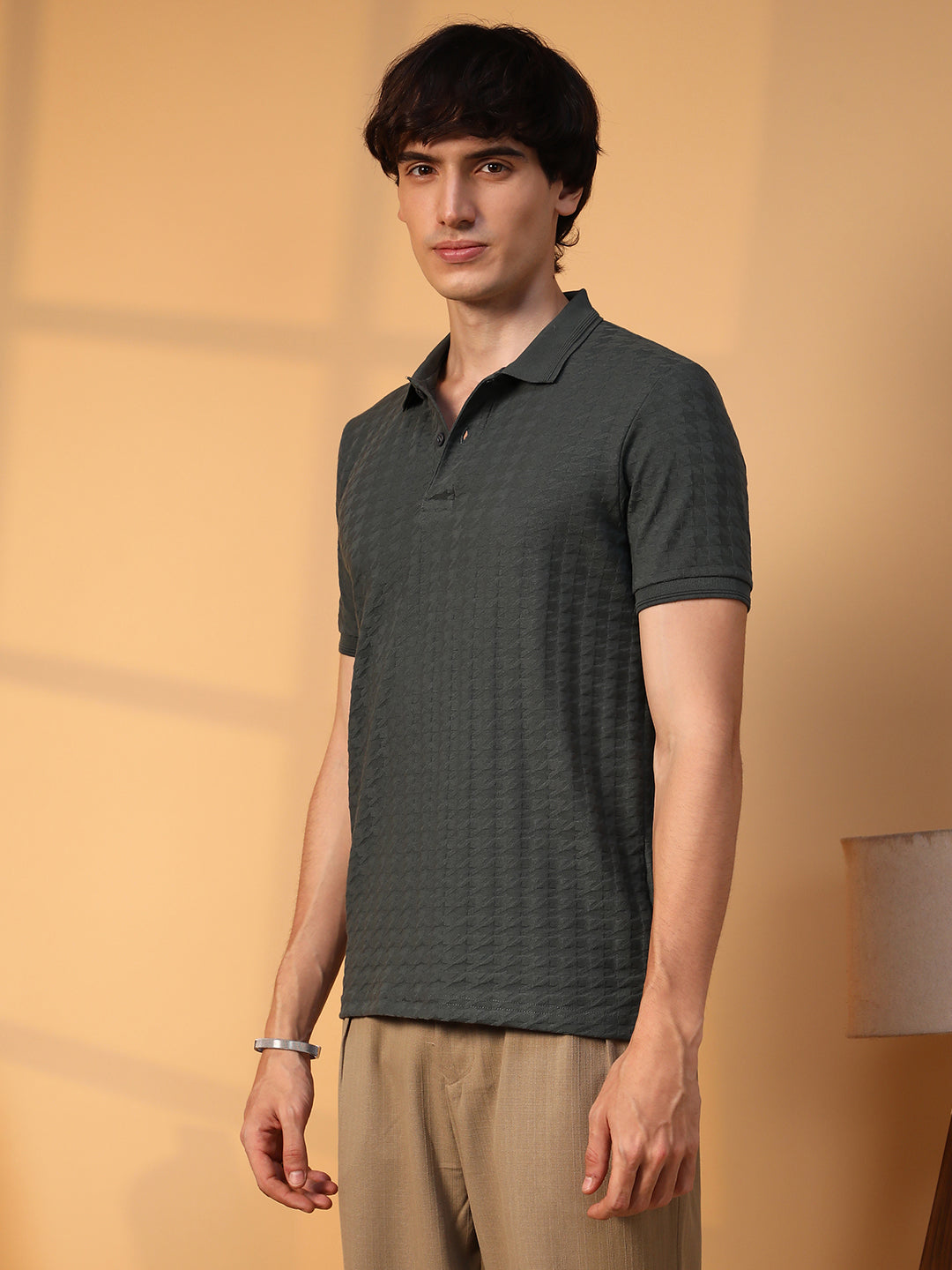Houndstooth-Textured Polo T-Shirt