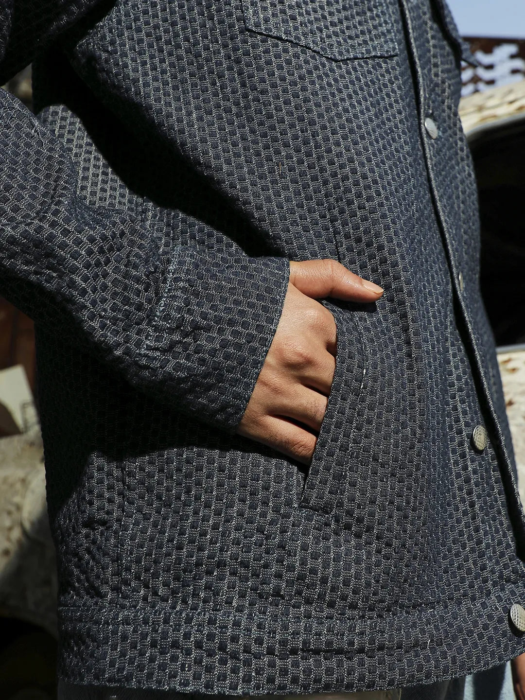 Men Denim Blue Fleece Polka Dot Denim Jacket